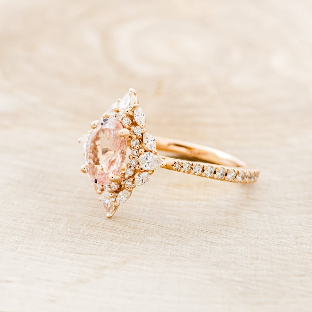 "North Star" - Oval Cut Morganite Engagement Ring With Diamond Halo & Accents