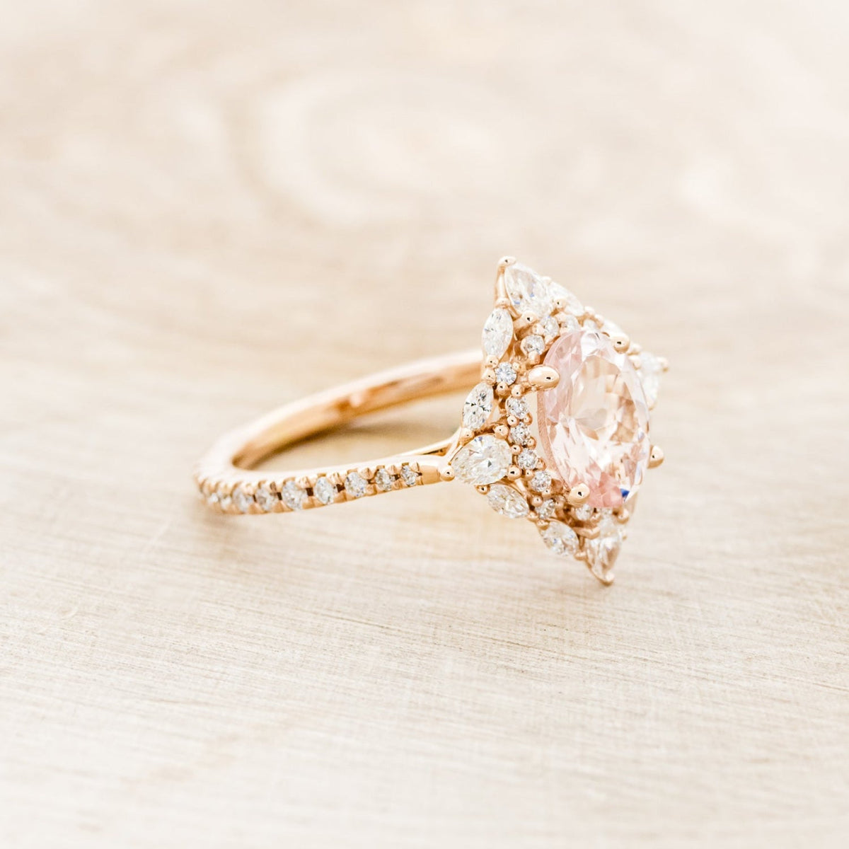 "North Star" - Oval Cut Morganite Engagement Ring With Diamond Halo & Accents