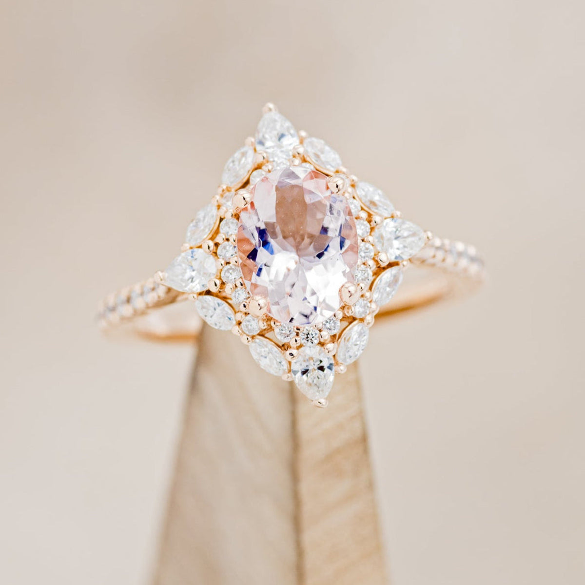 "North Star" - Oval Cut Morganite Engagement Ring With Diamond Halo & Accents