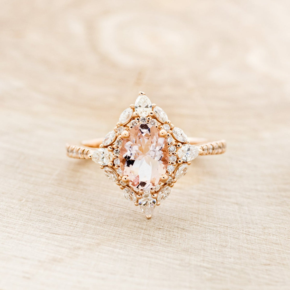 "North Star" - Oval Cut Morganite Engagement Ring With Diamond Halo & Accents