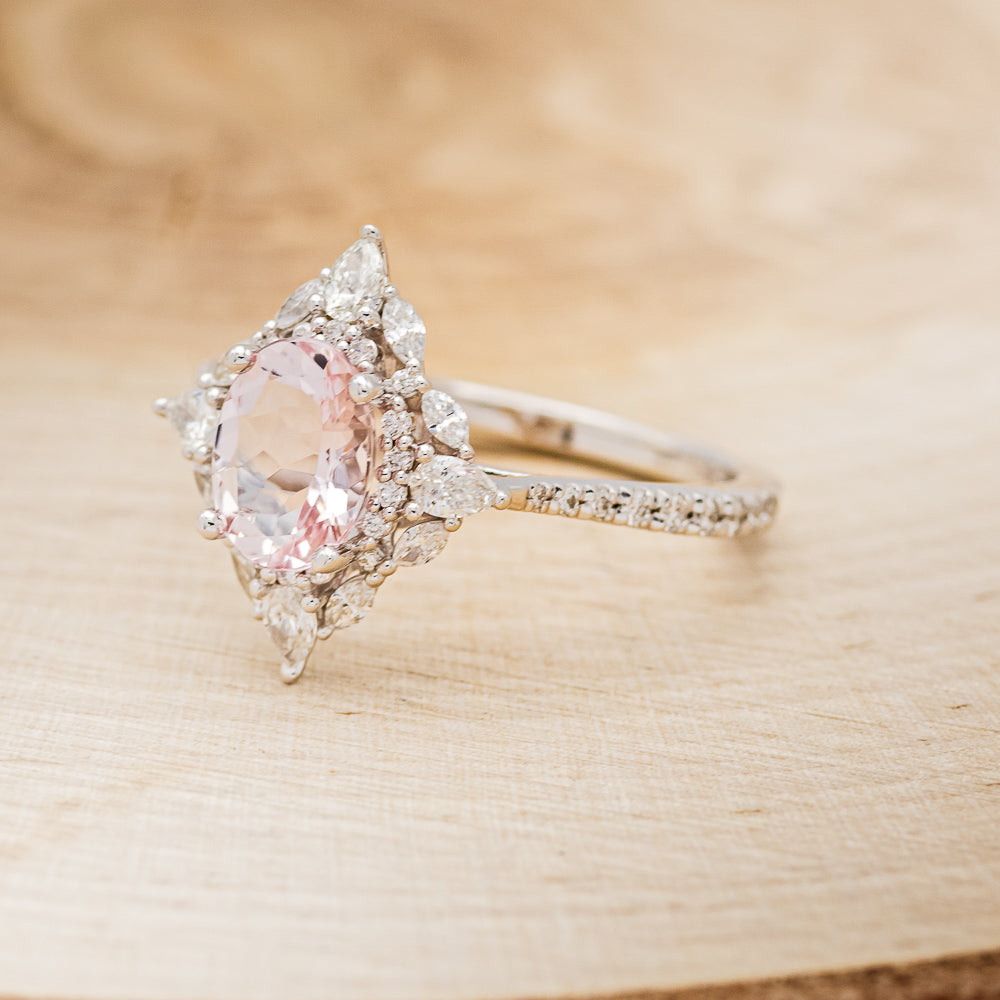 "North Star" - Oval Cut Morganite Engagement Ring With Diamond Halo & Accents