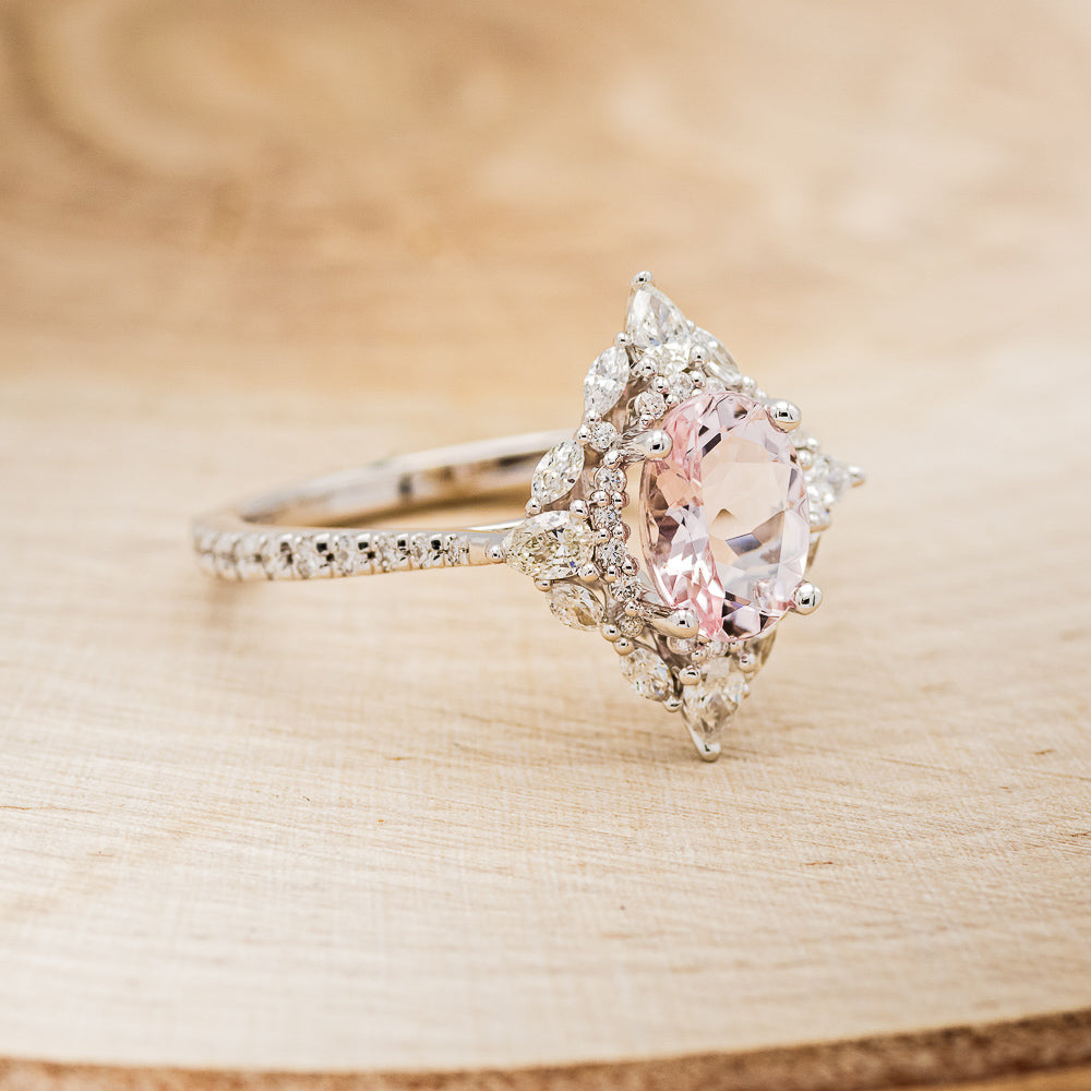 "North Star" - Oval Cut Morganite Engagement Ring With Diamond Halo & Accents