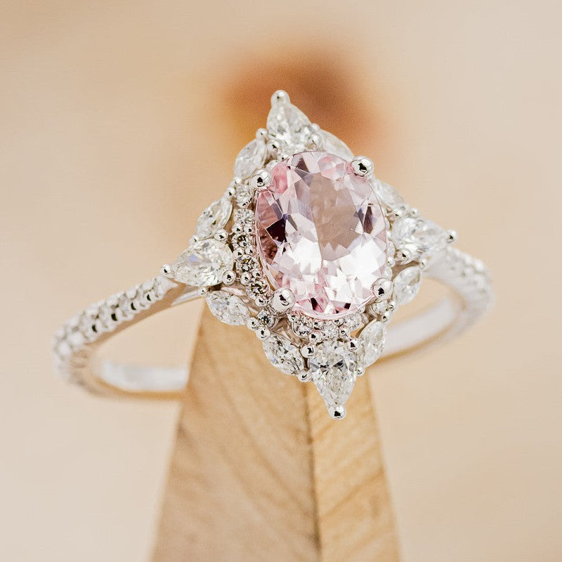 "North Star" - Oval Cut Morganite Engagement Ring With Diamond Halo & Accents