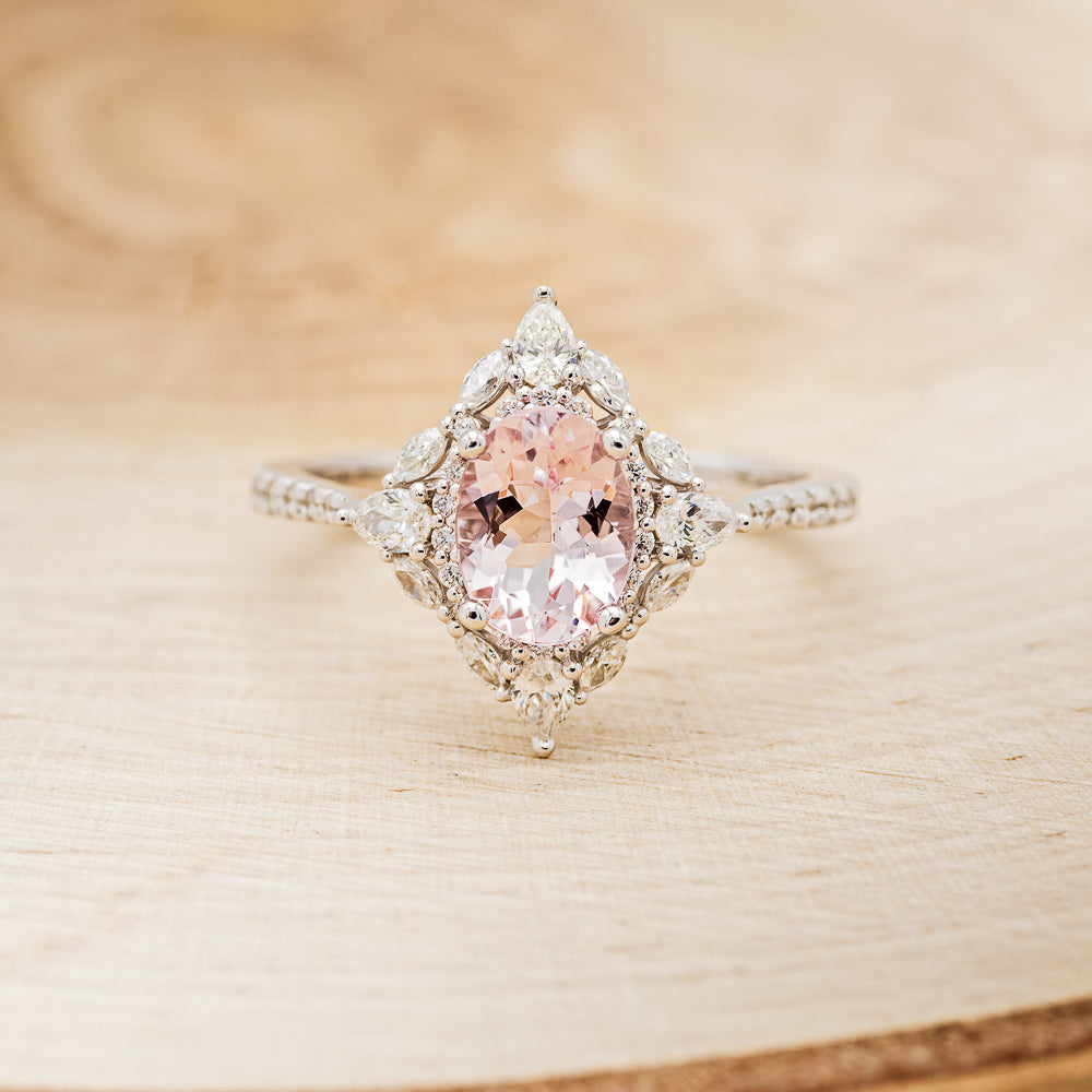 "North Star" - Oval Cut Morganite Engagement Ring With Diamond Halo & Accents