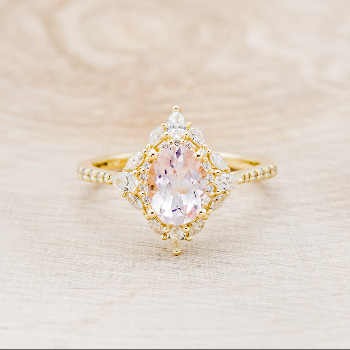 "North Star" - Oval Cut Morganite Engagement Ring With Diamond Halo & Accents