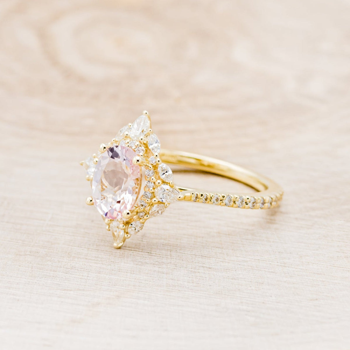 "North Star" - Oval Cut Morganite Engagement Ring With Diamond Halo & Accents