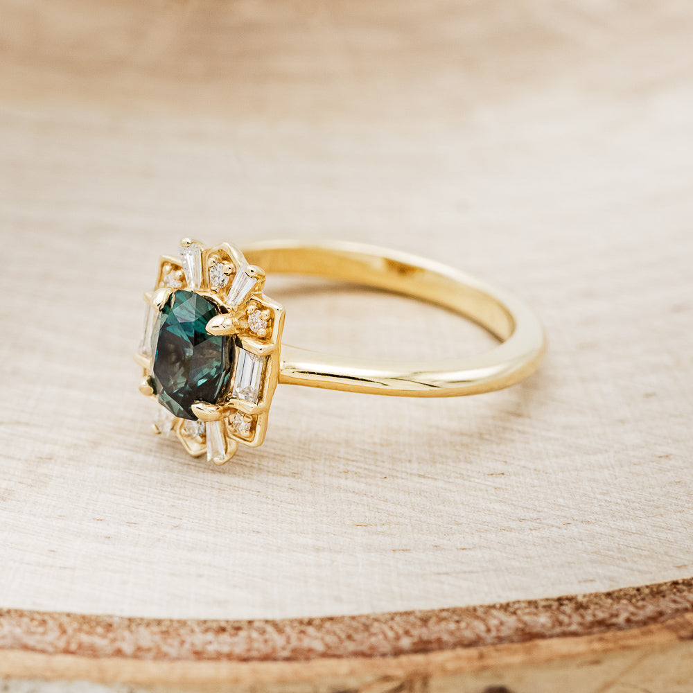 "Cleopatra" - Montana Sapphire Engagement Ring With Diamond Halo & Tracer