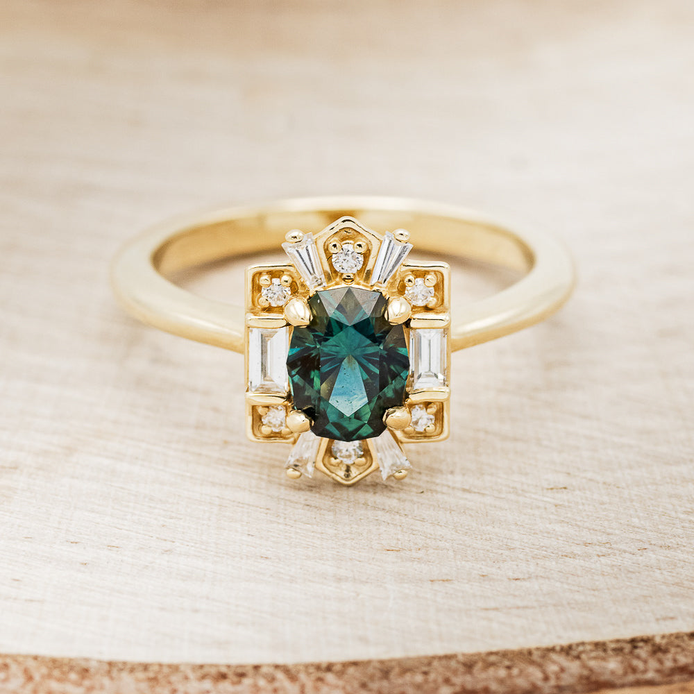 "Cleopatra" - Montana Sapphire Engagement Ring With Diamond Halo & Tracer