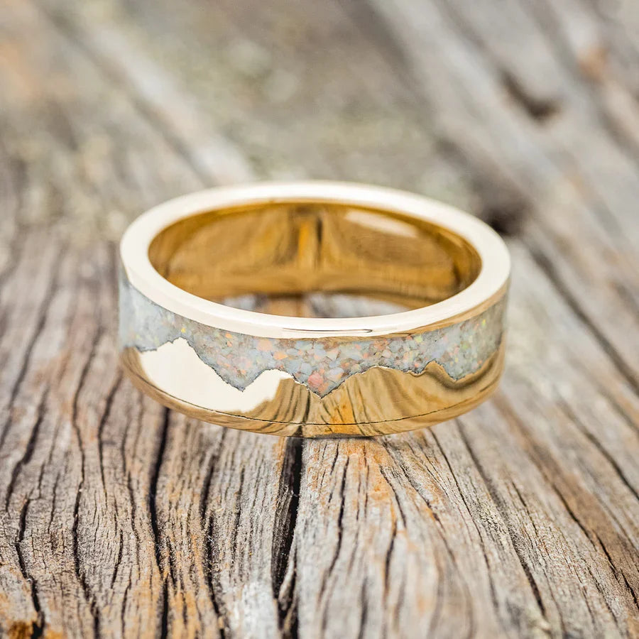 "Helios" - Crushed Fire & Ice Opal Wedding Band - 14K Yellow Gold (8mm) - Size 7 3/4