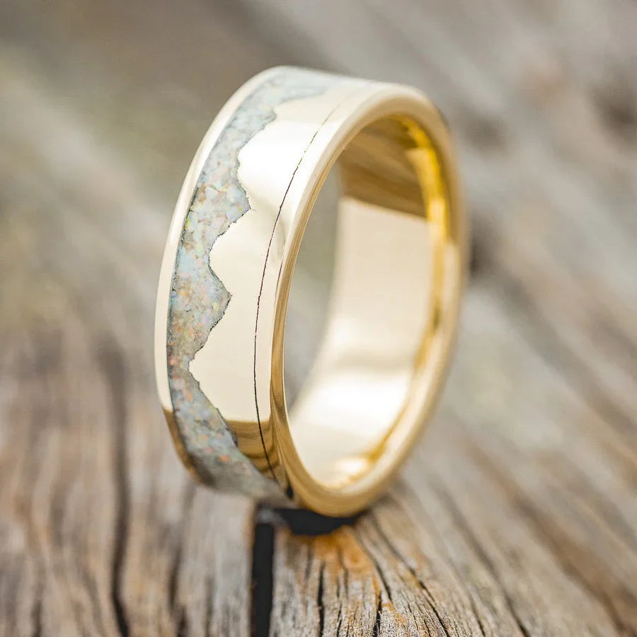 "Helios" - Crushed Fire & Ice Opal Wedding Band - 14K Yellow Gold (8mm) - Size 7 3/4