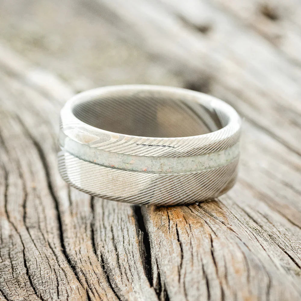 "Vertigo" - Fire & Ice Opal Wedding Band - Damascus Steel (8mm) - Size 5 1/2
