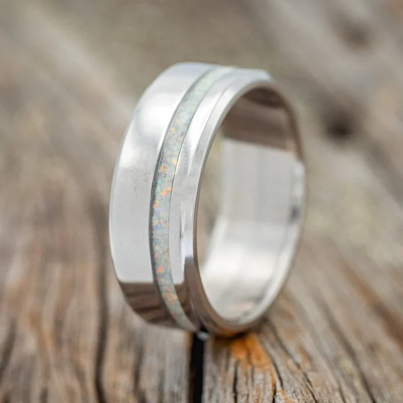 "Vertigo" - Fire & Ice Opal Wedding Band - Titanium - Size 8 1/4