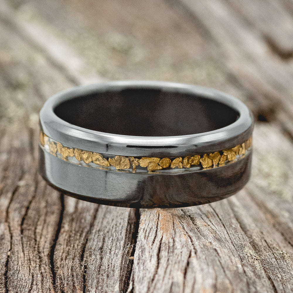 "Vertigo" - Gold Nugget Inlay Wedding Ring - Black Zirconium (8mm) - Size 8 1/2