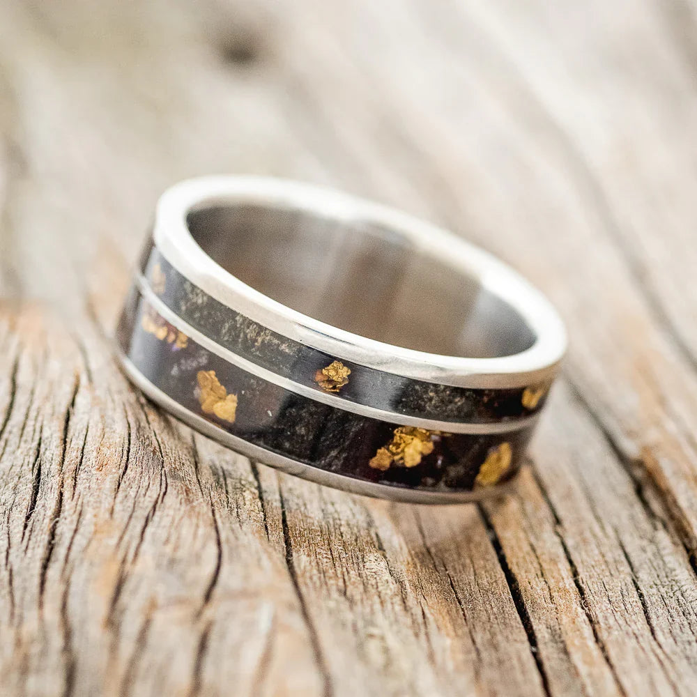 "Raptor" - Buckeye Burl Wood With Gold Nugget Inlays Wedding Ring - Titanium (8mm) - Size 9