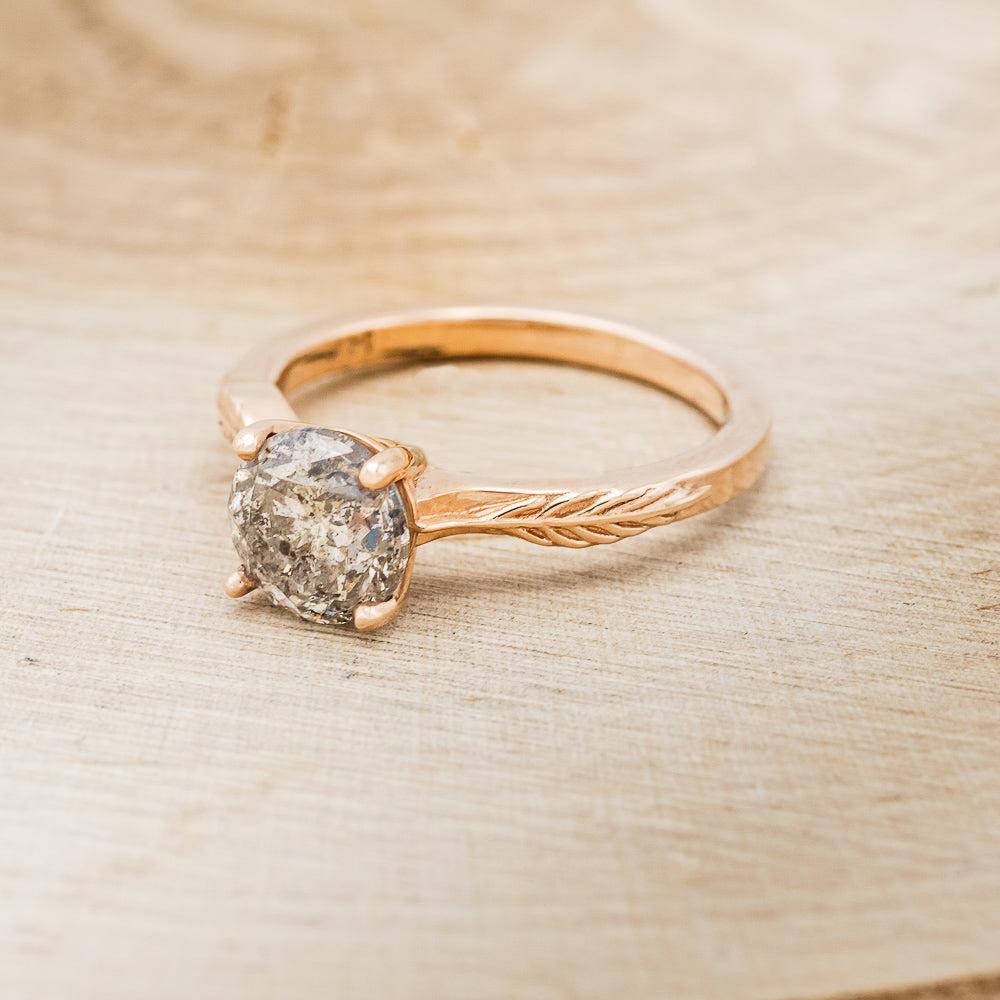 "Hope" - Round Cut Salt & Pepper Diamond Solitaire Engagement Ring With Feather Accents