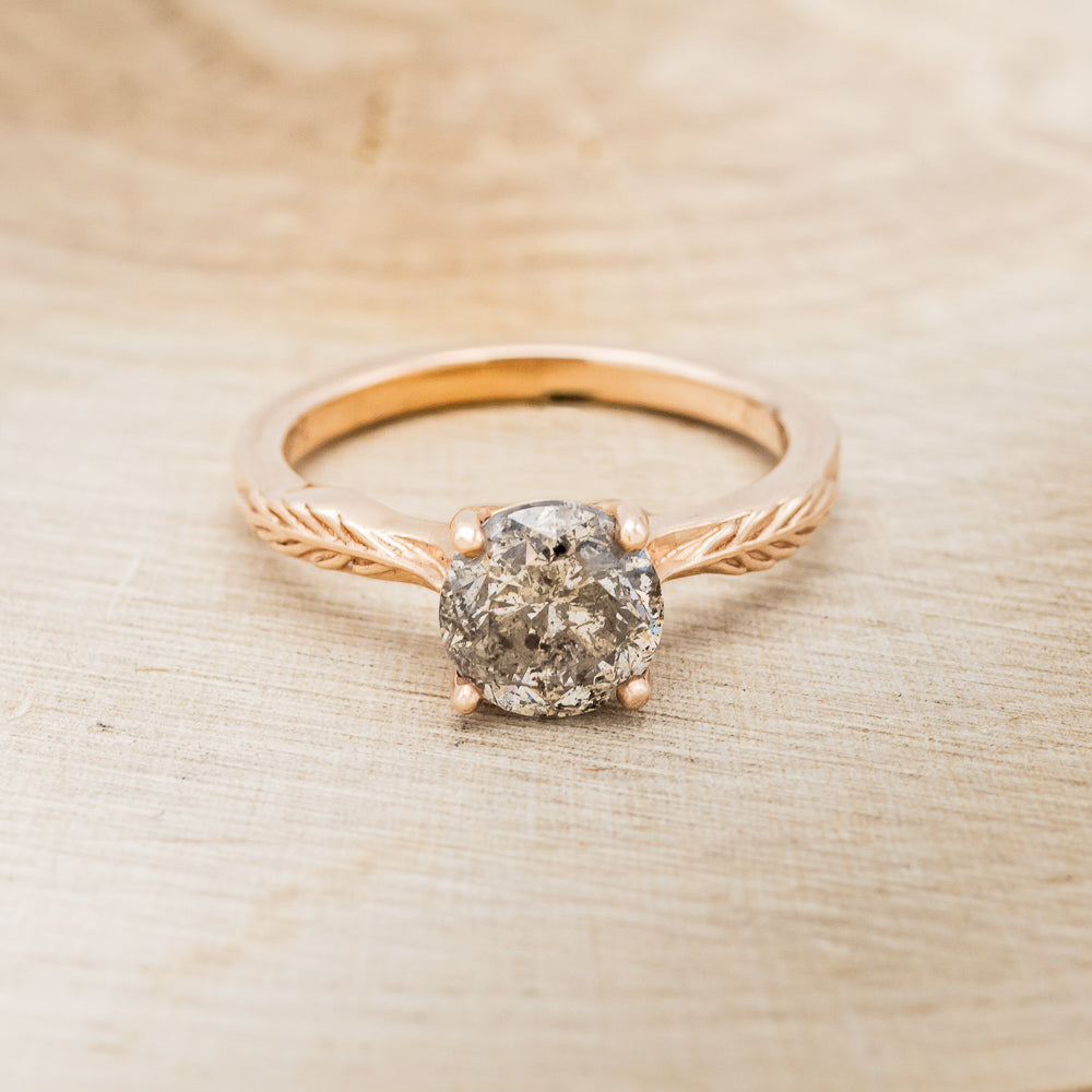 "Hope" - Round Cut Salt & Pepper Diamond Solitaire Engagement Ring With Feather Accents