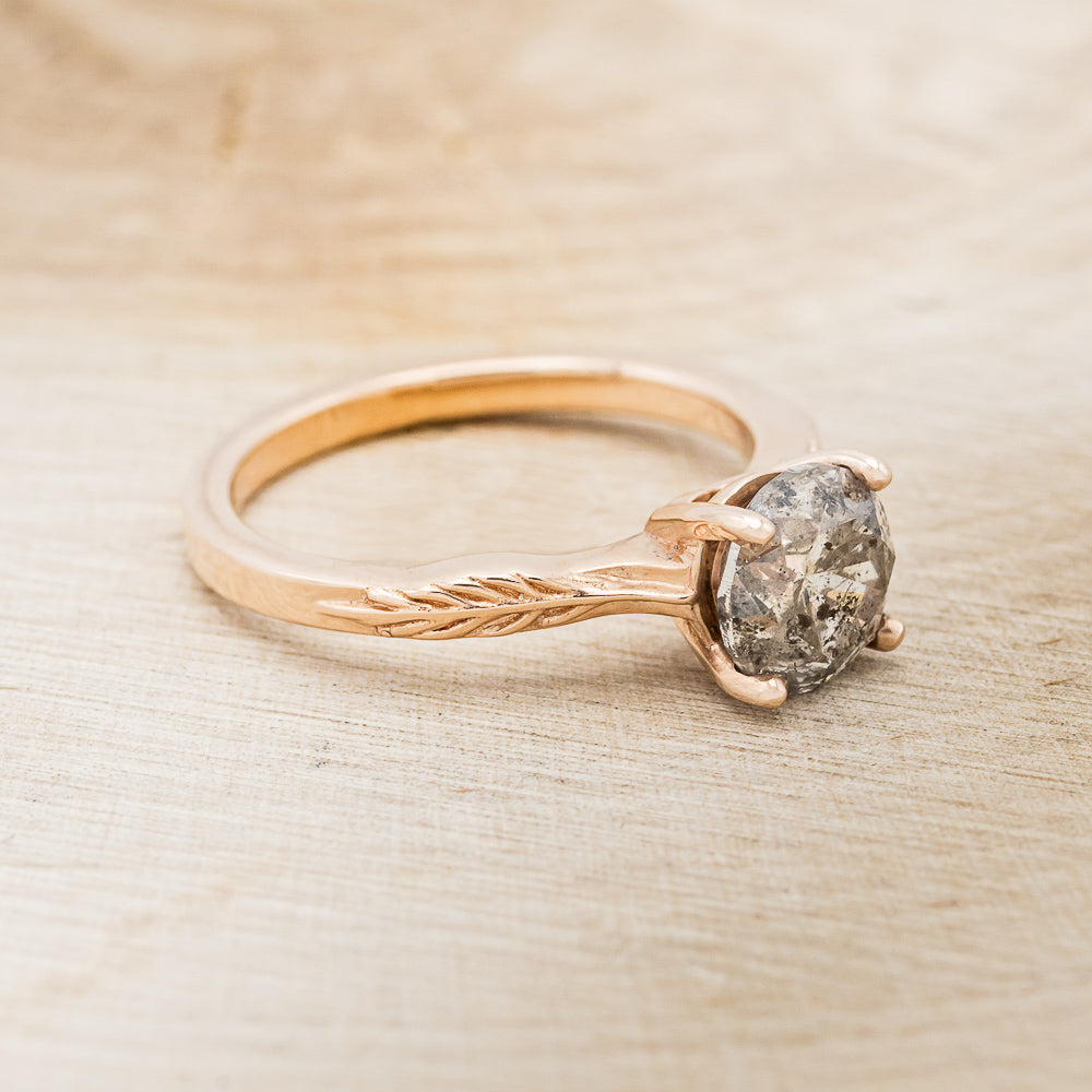 "Hope" - Round Cut Salt & Pepper Diamond Solitaire Engagement Ring With Feather Accents