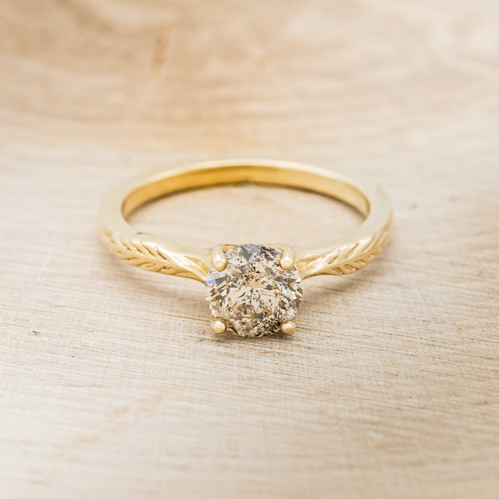 "Hope" - Round Cut Salt & Pepper Diamond Solitaire Engagement Ring With Feather Accents