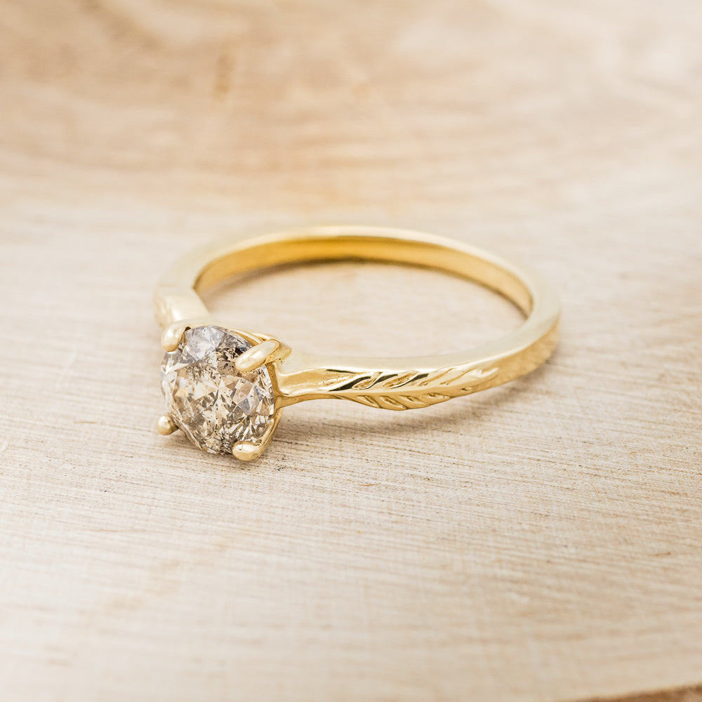 "Hope" - Round Cut Salt & Pepper Diamond Solitaire Engagement Ring With Feather Accents