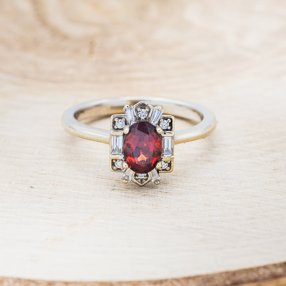 "Cleopatra" - Oval Garnet Engagement Ring With Diamond Accents & Tracer