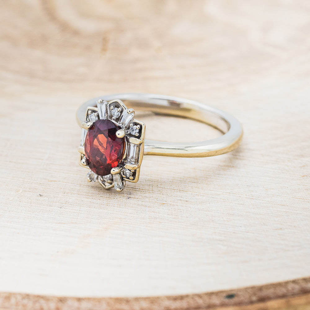 "Cleopatra" - Oval Garnet Engagement Ring With Diamond Accents & Tracer