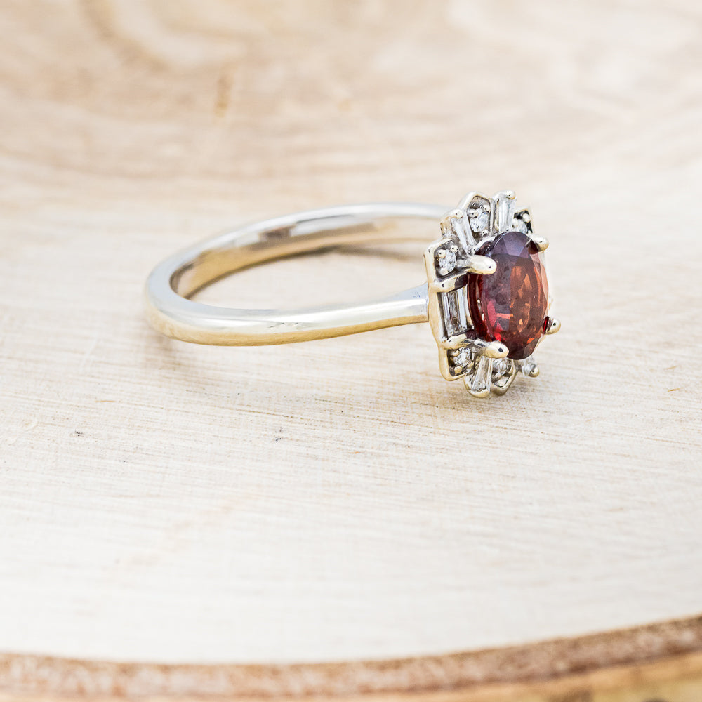 "Cleopatra" - Oval Garnet Engagement Ring With Diamond Accents & Tracer