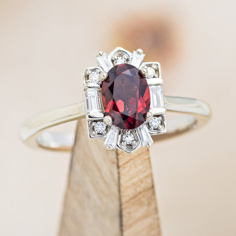 "Cleopatra" - Oval Garnet Engagement Ring With Diamond Accents & Tracer