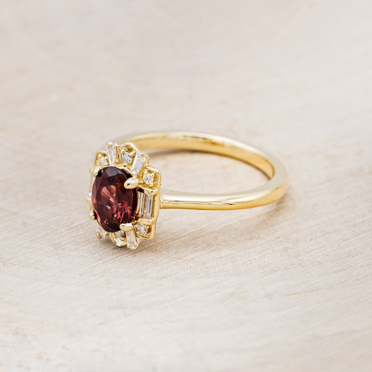 "Cleopatra" - Oval Garnet Engagement Ring With Diamond Accents & Tracer