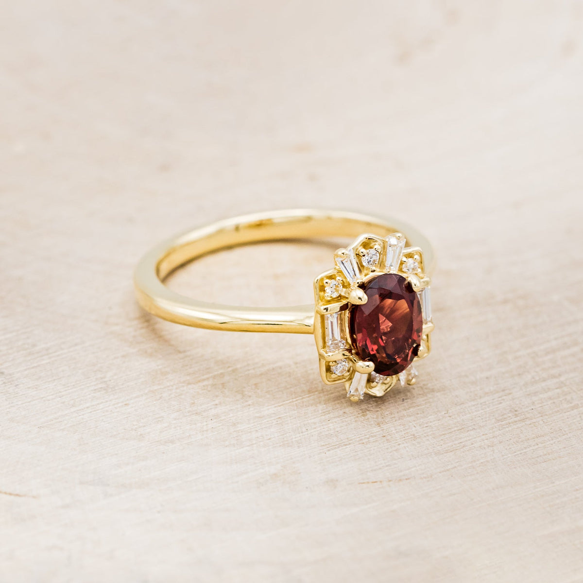 "Cleopatra" - Oval Garnet Engagement Ring With Diamond Accents & Tracer