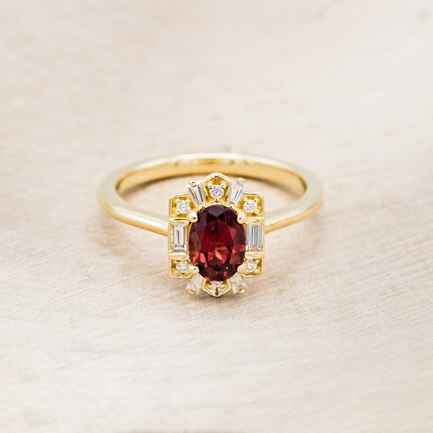 "Cleopatra" - Oval Garnet Engagement Ring With Diamond Accents & Tracer