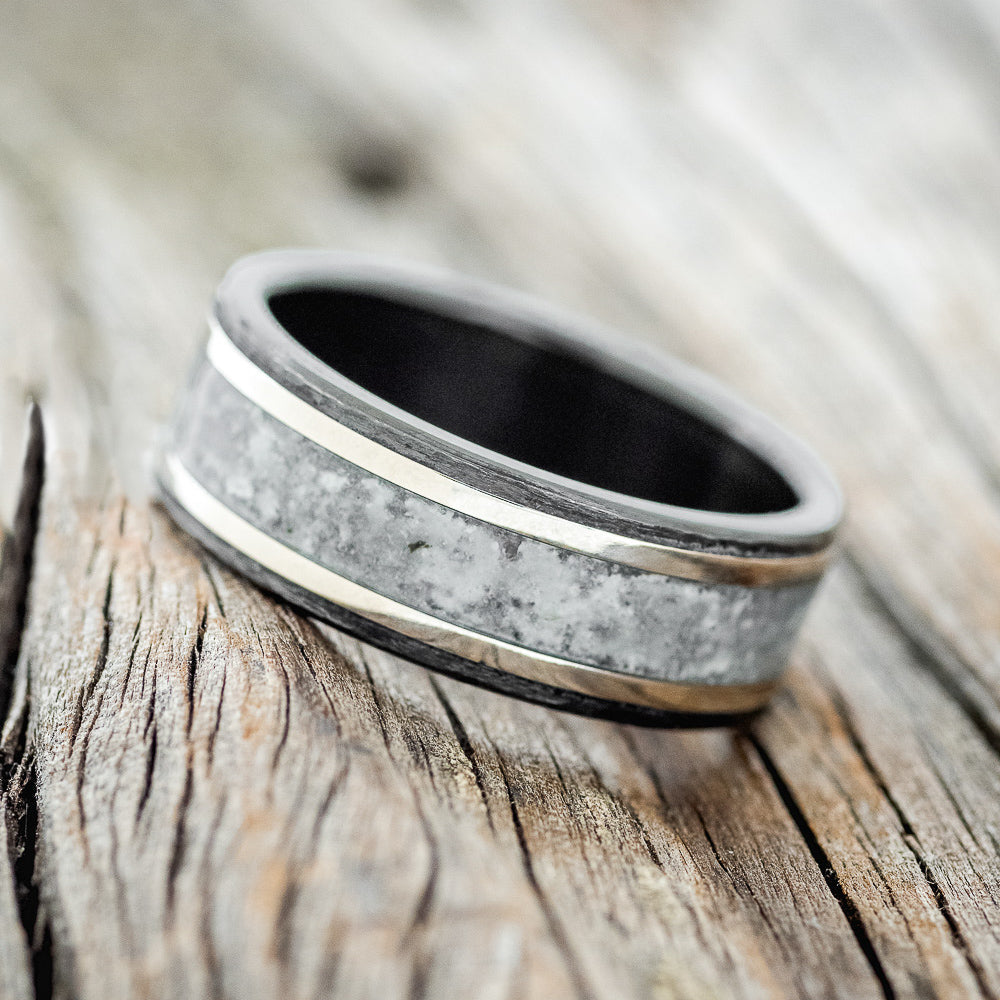 "Hollis" - Moonstone & 14K White Gold Inlay Wedding Ring With Hammered Finish - Black Zirconium (8mm) - Size 13