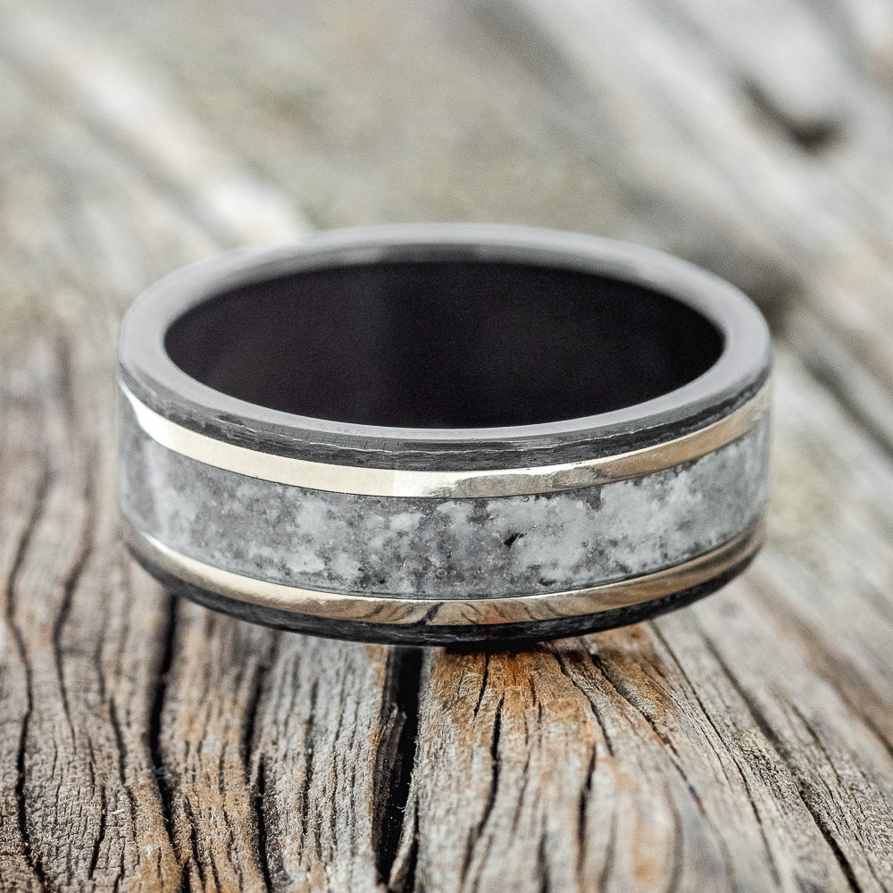 "Hollis" - Moonstone & 14K White Gold Inlay Wedding Ring With Hammered Finish - Black Zirconium (8mm) - Size 13