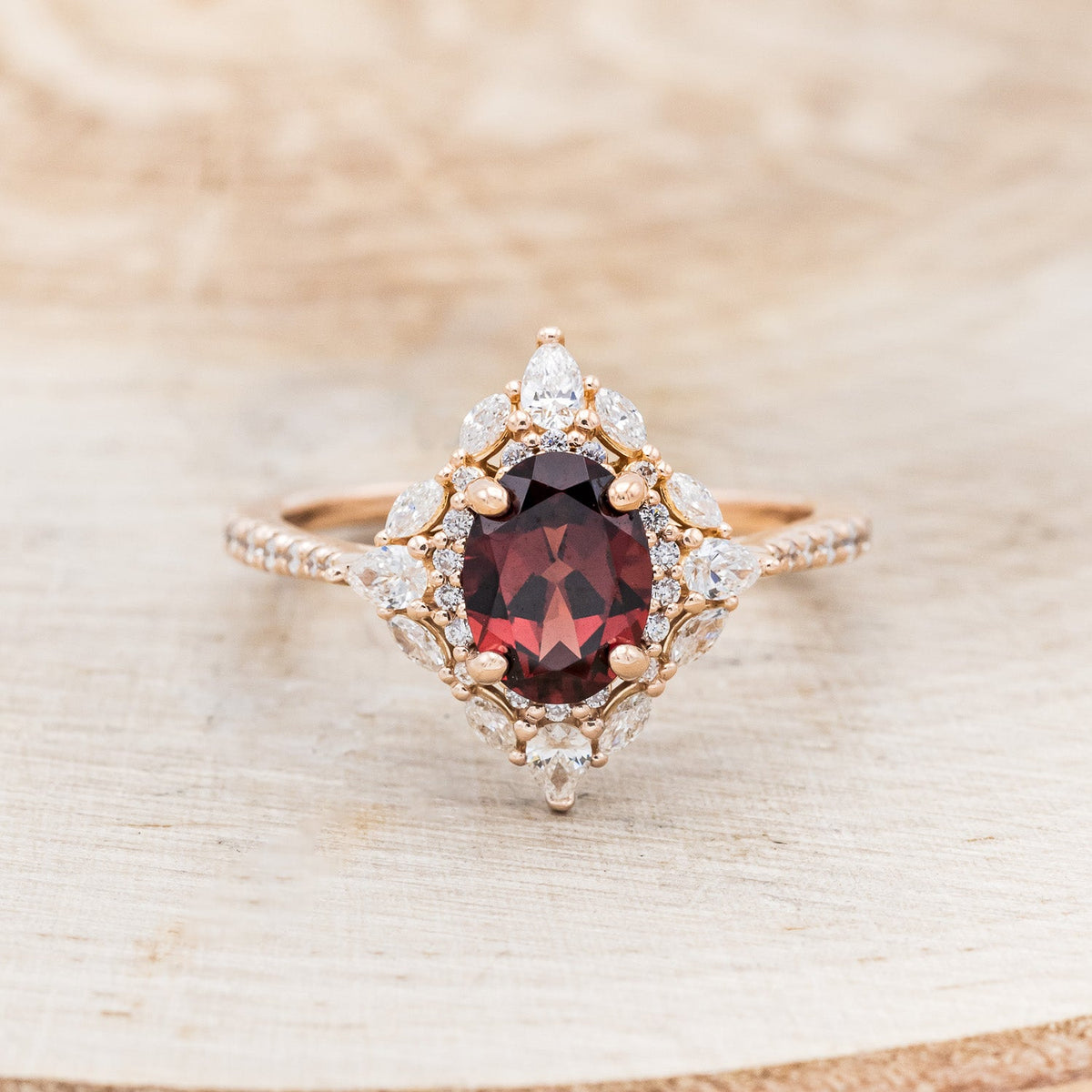 "North Star" - Oval Garnet Engagement Ring With Diamond Halo & Accents