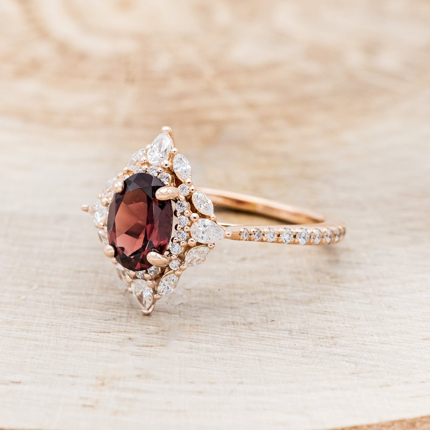 "North Star" - Oval Garnet Engagement Ring With Diamond Halo & Accents