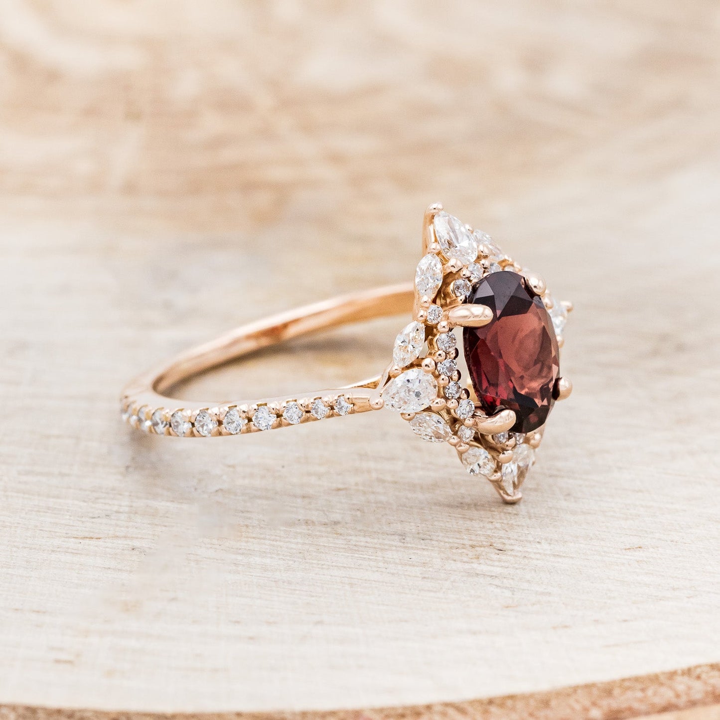 "North Star" - Oval Garnet Engagement Ring With Diamond Halo & Accents
