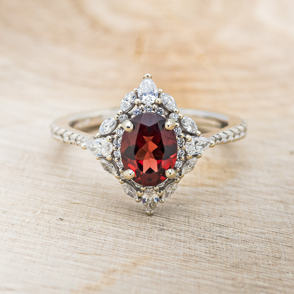 "North Star" - Oval Garnet Engagement Ring With Diamond Halo & Accents