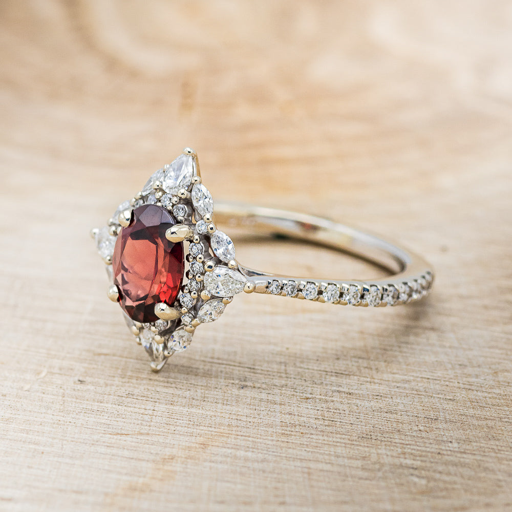 "North Star" - Oval Garnet Engagement Ring With Diamond Halo & Accents