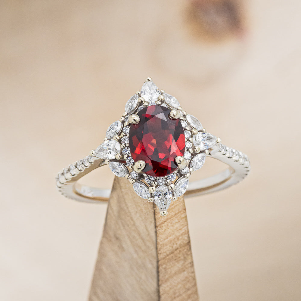 "North Star" - Oval Garnet Engagement Ring With Diamond Halo & Accents