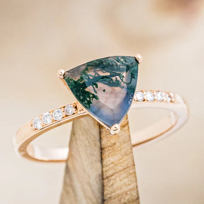 "Piper" - Trillion Cut Moss Agate Engagement Ring With Diamond Accents - 14K Rose Gold - Size 6