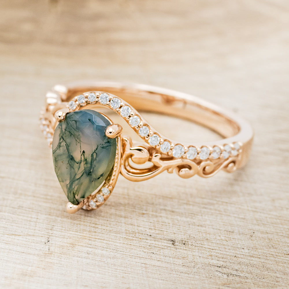 "Scarlet" - Pear Cut Moss Agate Engagement Ring With Diamond Accents