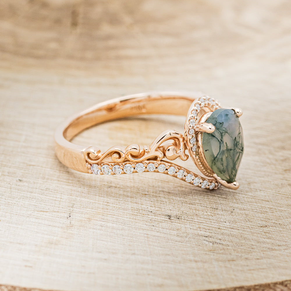 "Scarlet" - Pear Cut Moss Agate Engagement Ring With Diamond Accents