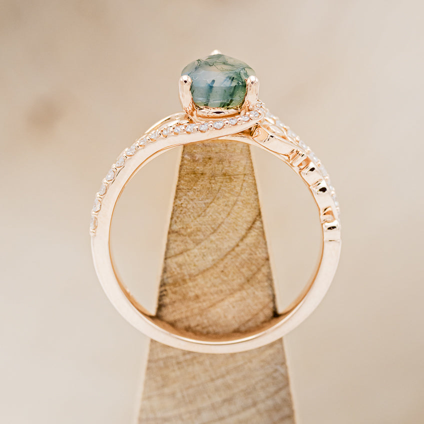"Scarlet" - Pear Cut Moss Agate Engagement Ring With Diamond Accents