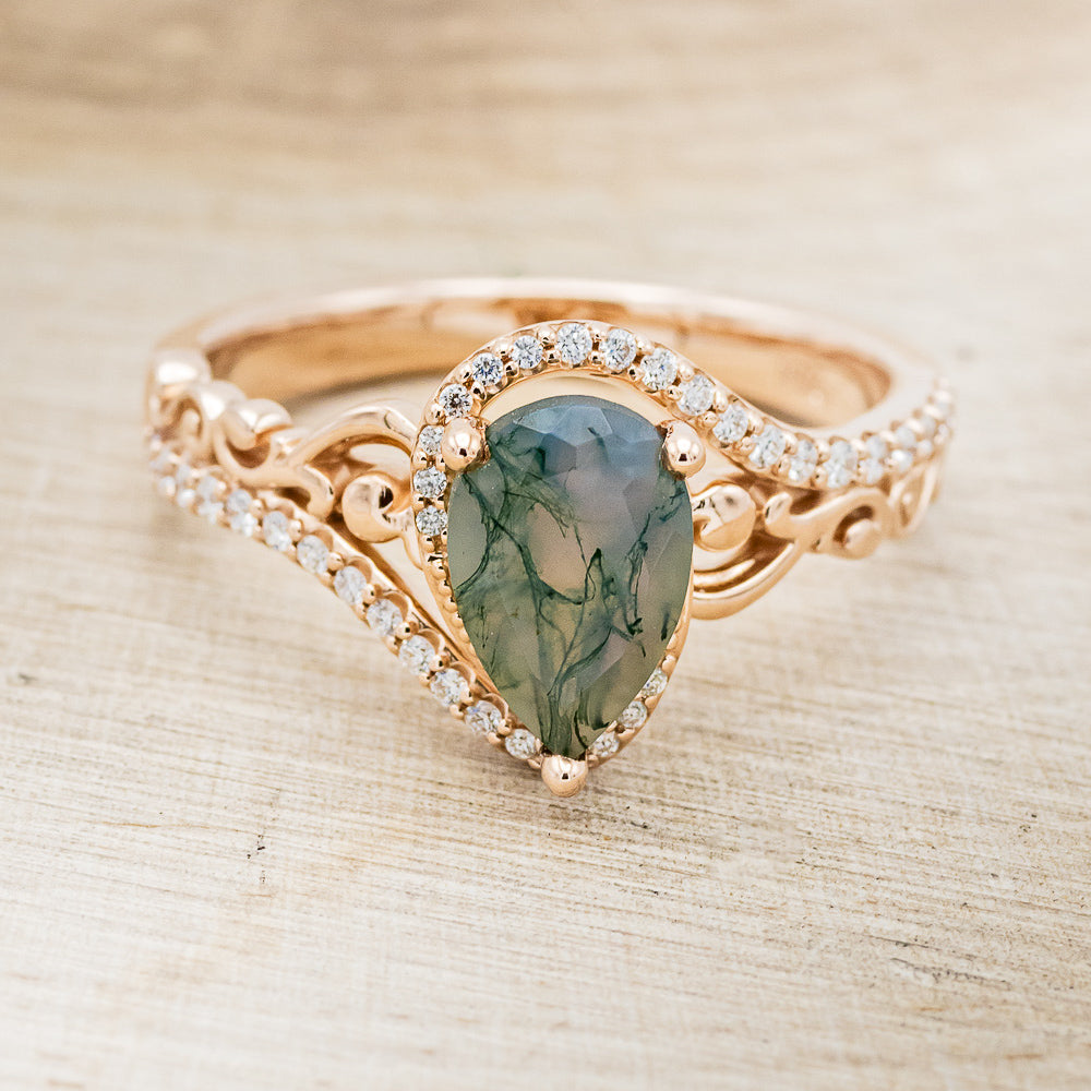 "Scarlet" - Pear Cut Moss Agate Engagement Ring With Diamond Accents