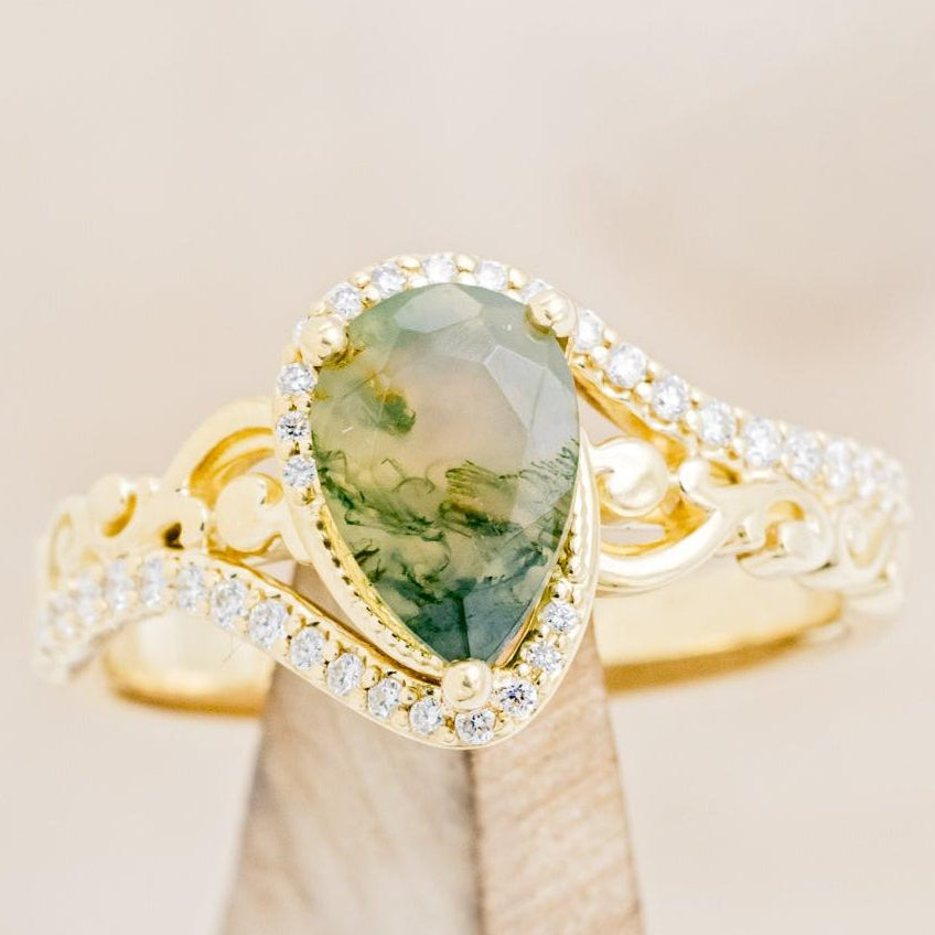 "Scarlet" - Pear Cut Moss Agate Engagement Ring With Diamond Accents