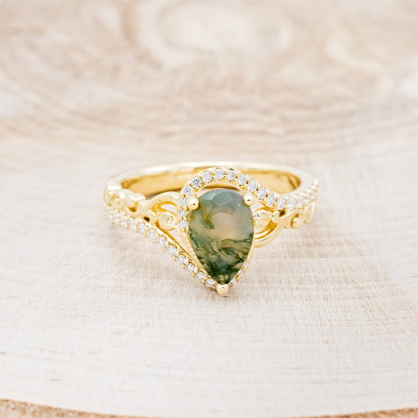 "Scarlet" - Pear Cut Moss Agate Engagement Ring With Diamond Accents