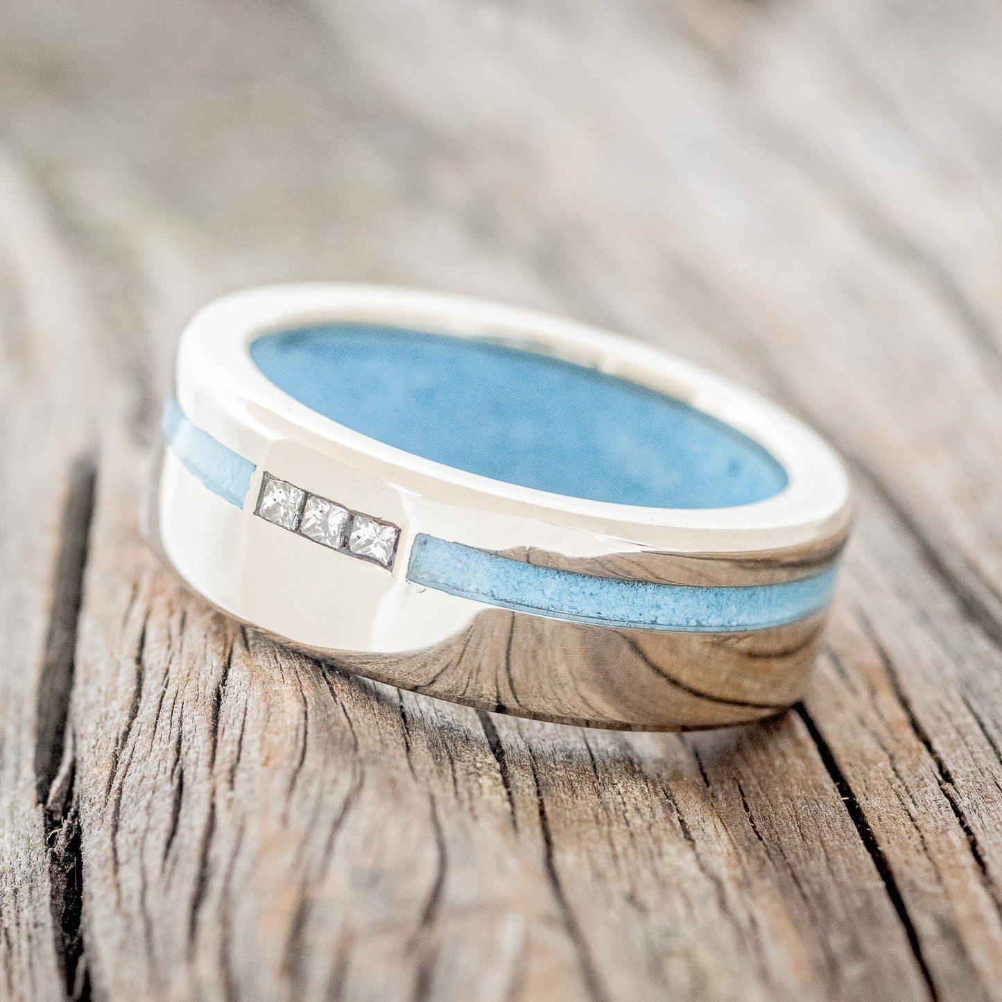 "Julian" - Diamond Accents & Turquoise Wedding Band - 14K White Gold (8mm) - Size 9 3/4