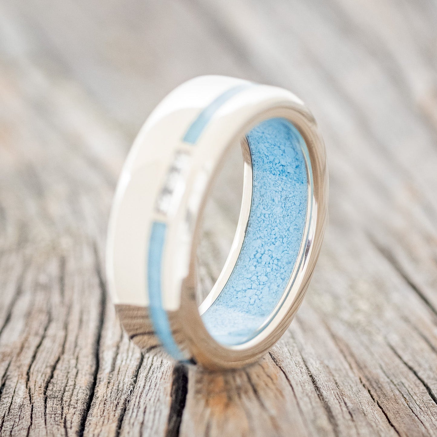 "Julian" - Diamond Accents & Turquoise Wedding Band - 14K White Gold (8mm) - Size 9 3/4
