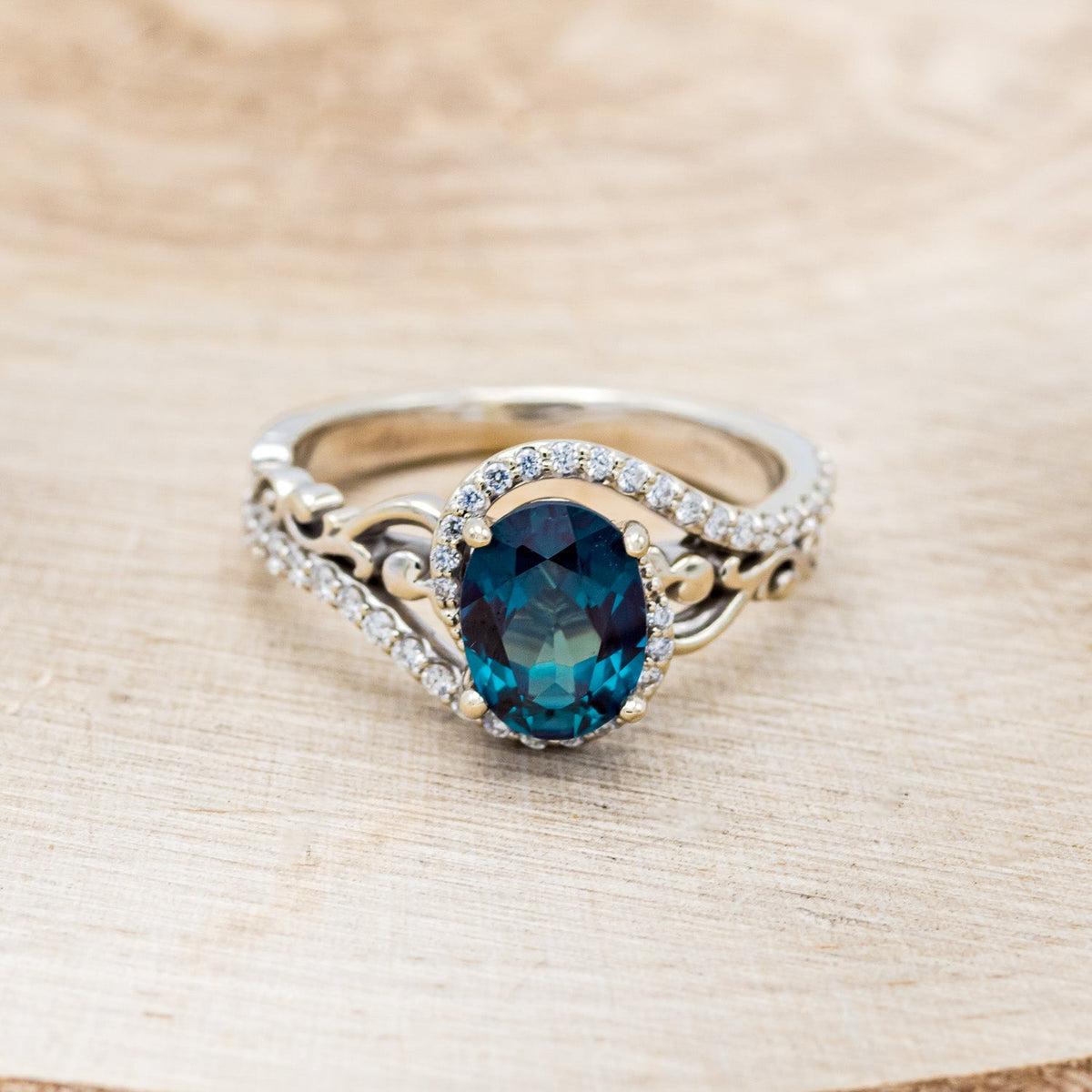 "Scarlet" - Oval Cut Lab-Grown Alexandrite Engagement Ring With Diamond Accents