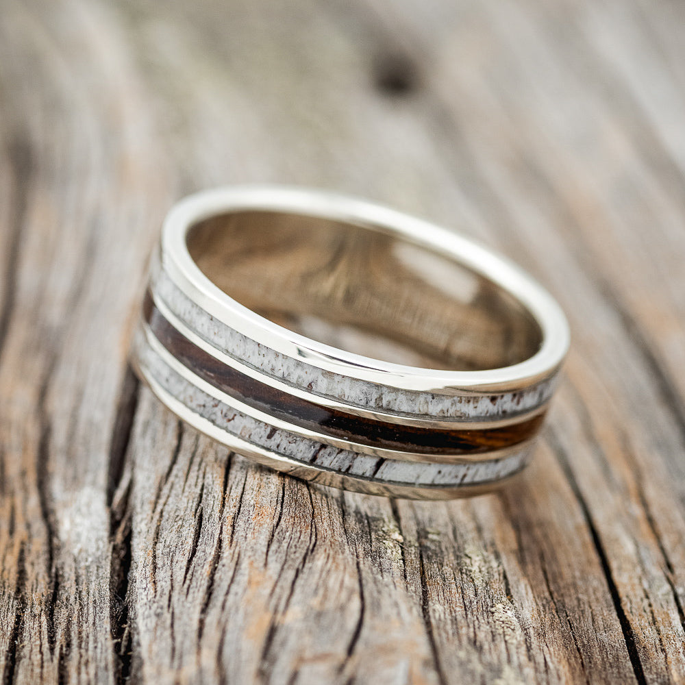 "Rio" - Ironwood & Antler Wedding Band - 14K White Gold - Size 8