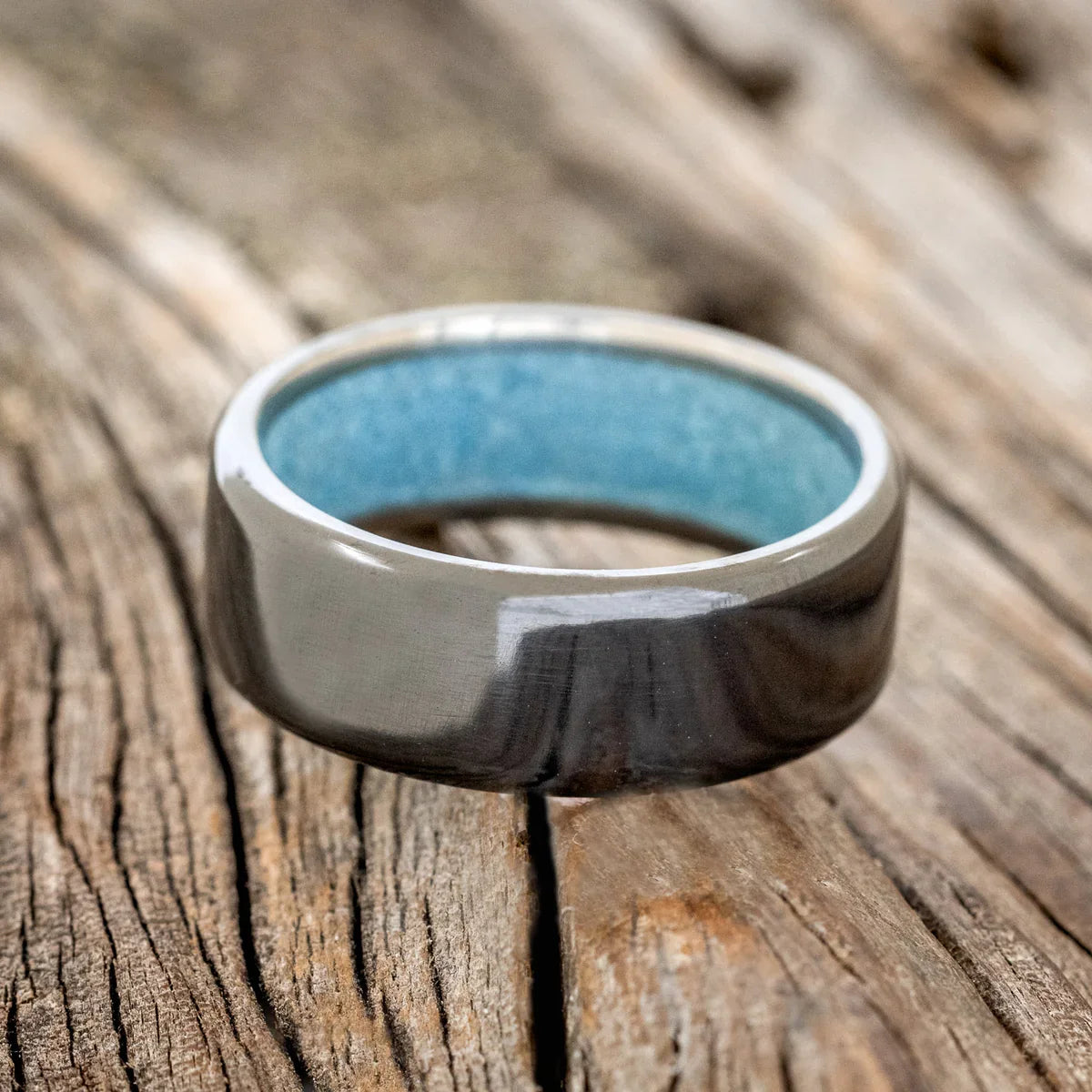 "Hyperion" - Turquoise Lined Wedding Band - Black Zirconium (8mm) - Size 9 1/2